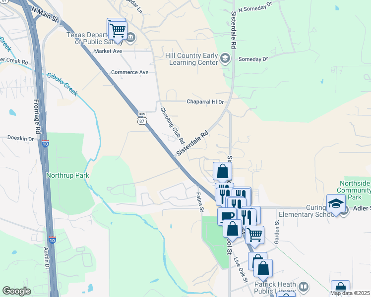 map of restaurants, bars, coffee shops, grocery stores, and more near 1 Shooting Club Road South in Boerne