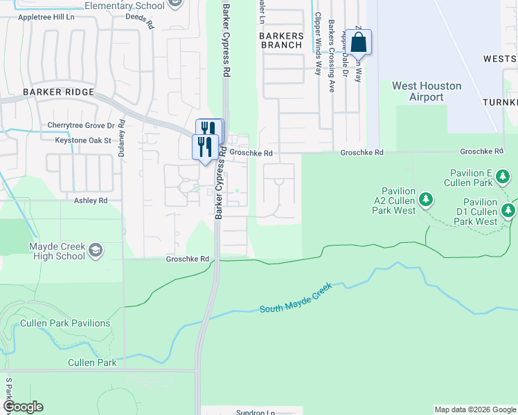 map of restaurants, bars, coffee shops, grocery stores, and more near 2715 Blue Wind Court in Houston