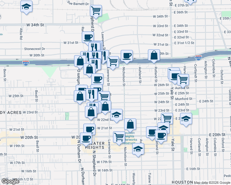 map of restaurants, bars, coffee shops, grocery stores, and more near 540 West 26th Street in Houston