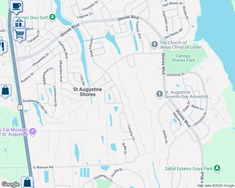 map of restaurants, bars, coffee shops, grocery stores, and more near 110 Mariner Road in St. Augustine