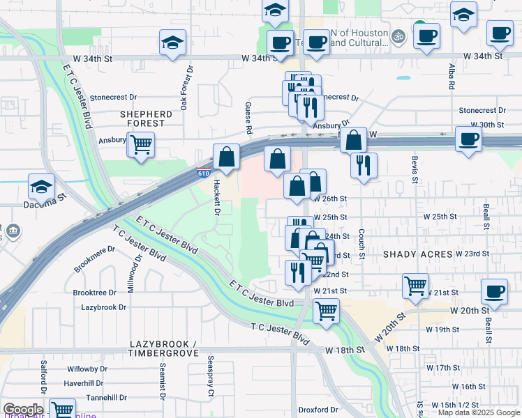 map of restaurants, bars, coffee shops, grocery stores, and more near 1804 West 26th Street in Houston
