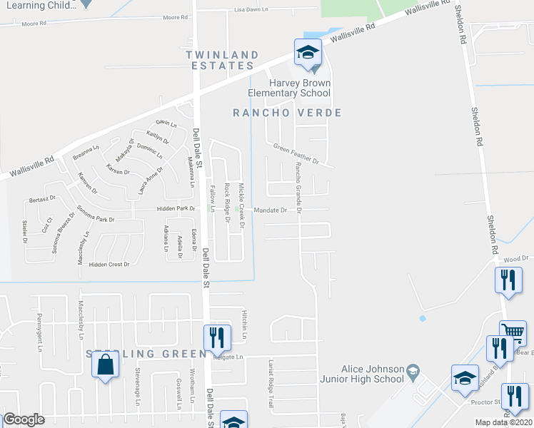 map of restaurants, bars, coffee shops, grocery stores, and more near 16426 Mandate Drive in Houston
