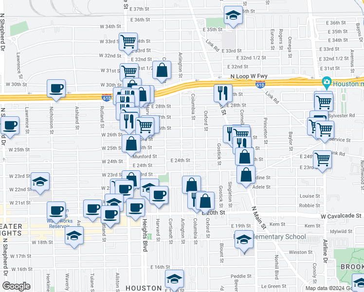 map of restaurants, bars, coffee shops, grocery stores, and more near 2504 Arlington St in Houston