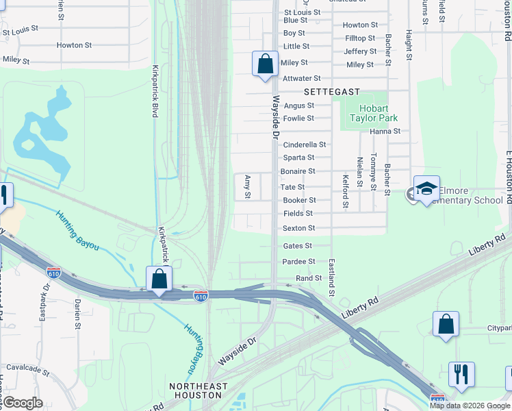 map of restaurants, bars, coffee shops, grocery stores, and more near 7807 Booker Street in Houston