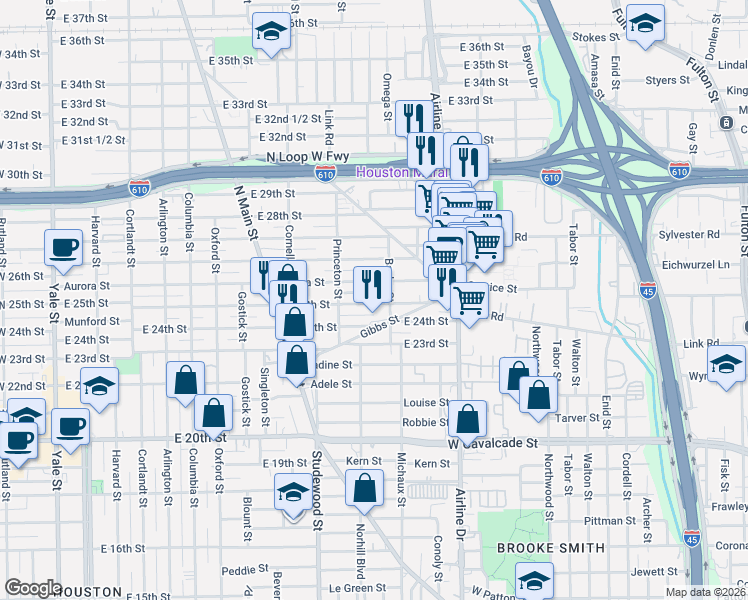 map of restaurants, bars, coffee shops, grocery stores, and more near 1021 East 25th Street in Houston