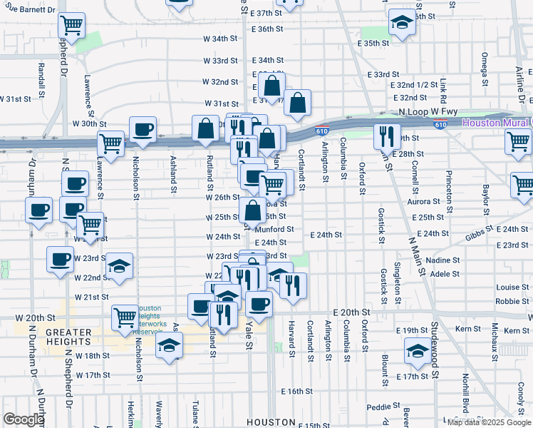 map of restaurants, bars, coffee shops, grocery stores, and more near 106 Aurora Street in Houston