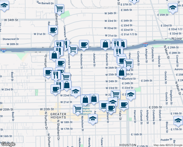 map of restaurants, bars, coffee shops, grocery stores, and more near 401 West 25th Street in Houston