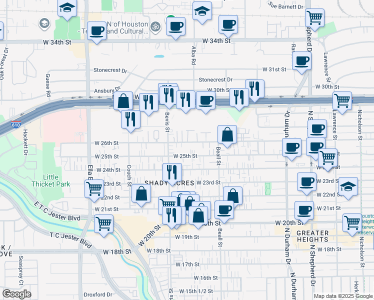 map of restaurants, bars, coffee shops, grocery stores, and more near 1228 West 26th Street in Houston