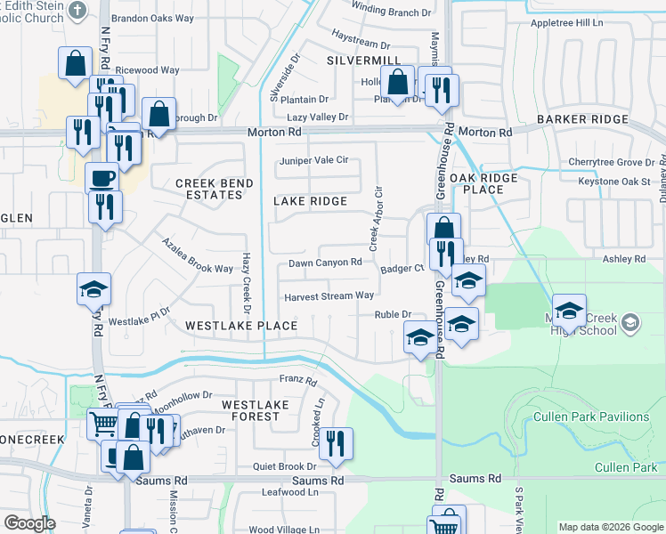 map of restaurants, bars, coffee shops, grocery stores, and more near 19418 Dawn Canyon Road in Houston