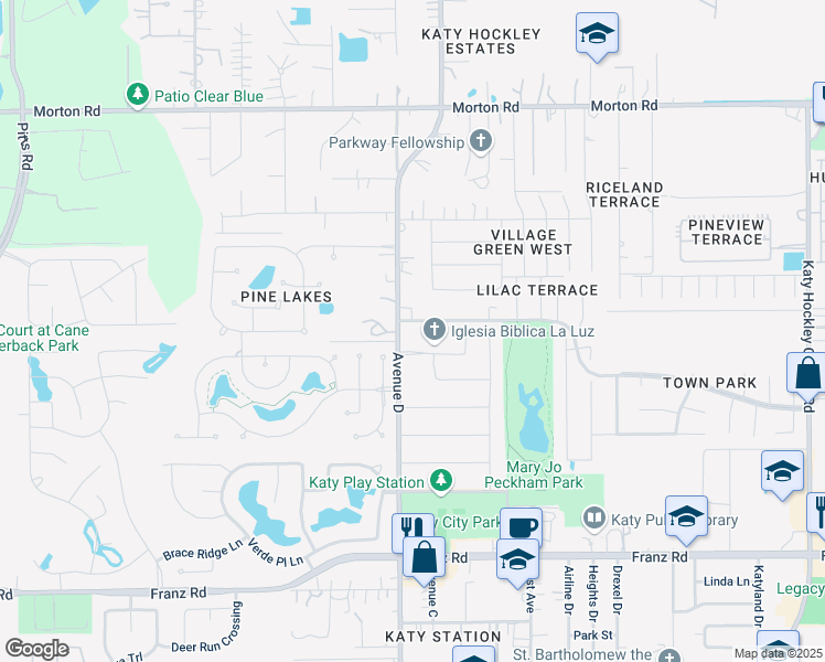 map of restaurants, bars, coffee shops, grocery stores, and more near 2520 Katy Hockley Cut Off Road in Katy