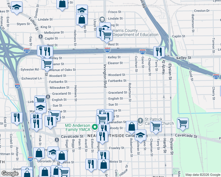 map of restaurants, bars, coffee shops, grocery stores, and more near in Houston