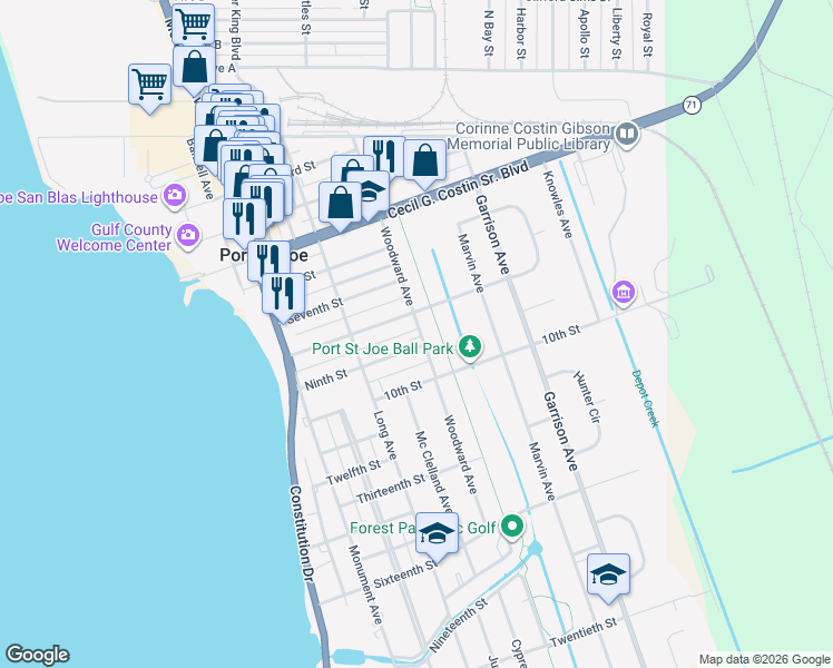 map of restaurants, bars, coffee shops, grocery stores, and more near 532 530 528 8th Street in Port Saint Joe