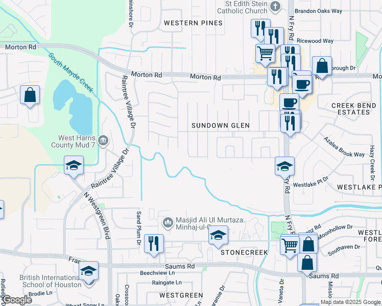 map of restaurants, bars, coffee shops, grocery stores, and more near 2918 Walnut Springs Drive in Katy