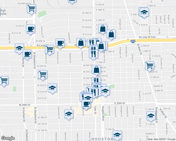 map of restaurants, bars, coffee shops, grocery stores, and more near 214 West 26th Street in Houston