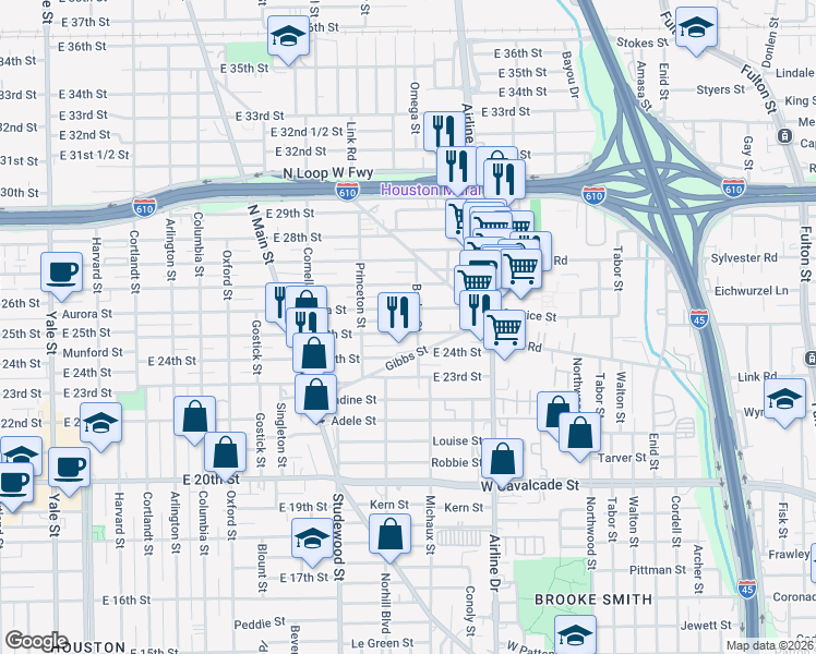 map of restaurants, bars, coffee shops, grocery stores, and more near 1019 East 25th Street in Houston