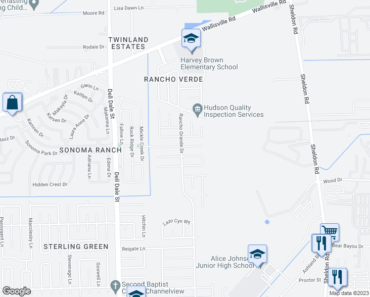 map of restaurants, bars, coffee shops, grocery stores, and more near 16506 Mandate Drive in Houston