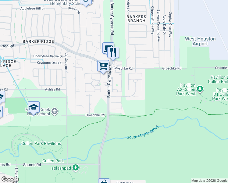 map of restaurants, bars, coffee shops, grocery stores, and more near 2926 Barker Cypress Road in Houston