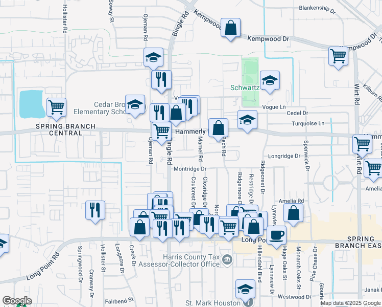 map of restaurants, bars, coffee shops, grocery stores, and more near 8550 Ridgepoint Drive in Houston
