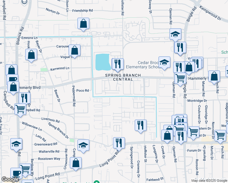 map of restaurants, bars, coffee shops, grocery stores, and more near 2028 Laverne Street in Houston