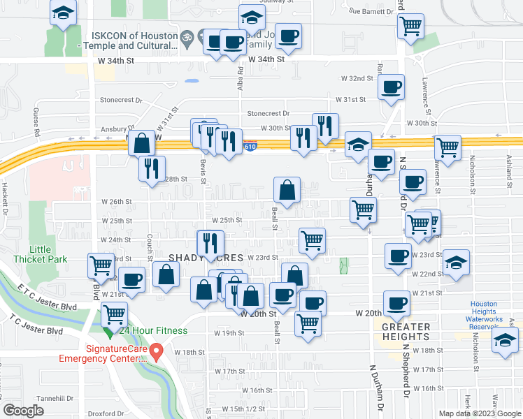 map of restaurants, bars, coffee shops, grocery stores, and more near 1130 West 26th Street in Houston