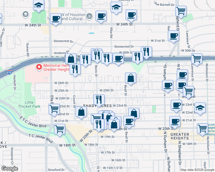 map of restaurants, bars, coffee shops, grocery stores, and more near 1228 West 26th Street in Houston