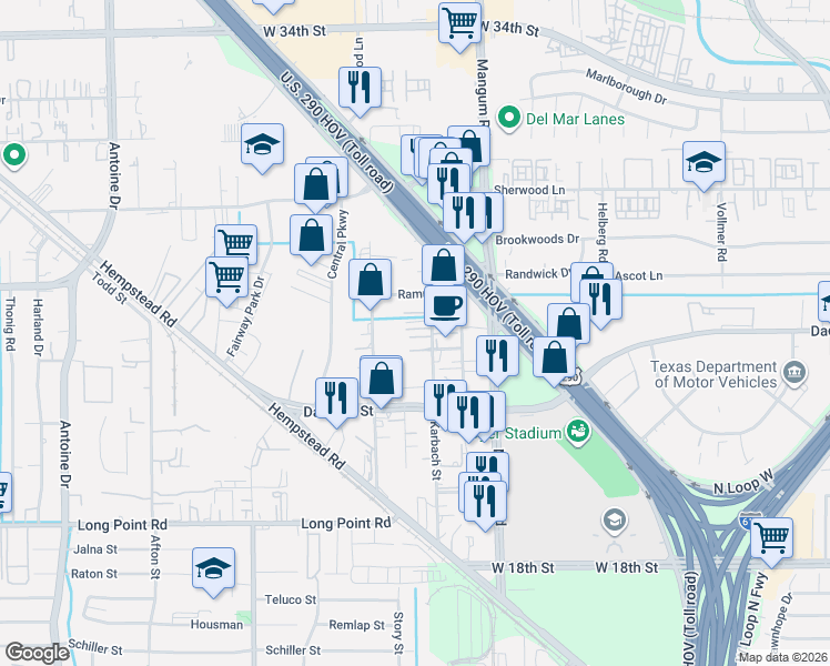 map of restaurants, bars, coffee shops, grocery stores, and more near 2411 Karbach Street in Houston