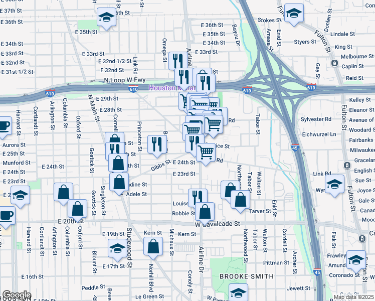 map of restaurants, bars, coffee shops, grocery stores, and more near 1136 Aurora Street in Houston