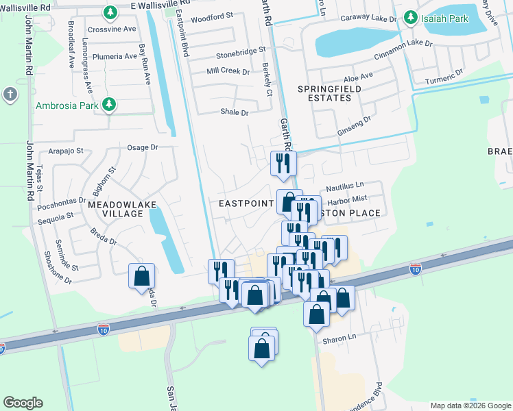 map of restaurants, bars, coffee shops, grocery stores, and more near 4911 Sheila Drive in Baytown