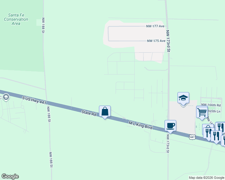 map of restaurants, bars, coffee shops, grocery stores, and more near 16808 Northwest 178th Terrace in Alachua