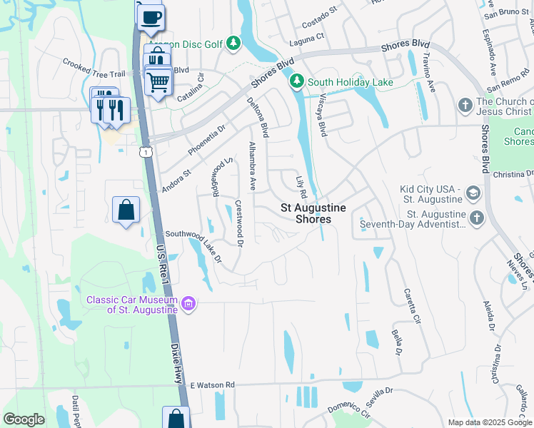 map of restaurants, bars, coffee shops, grocery stores, and more near 181 Estancia Street in St. Augustine