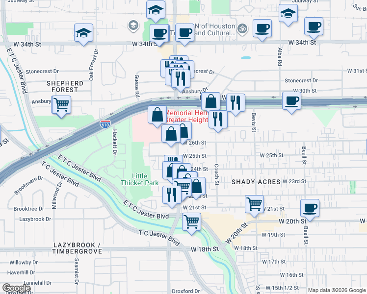 map of restaurants, bars, coffee shops, grocery stores, and more near 2510 Ella Boulevard in Houston
