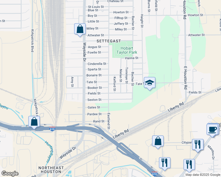 map of restaurants, bars, coffee shops, grocery stores, and more near 5310 Kelford Street in Houston