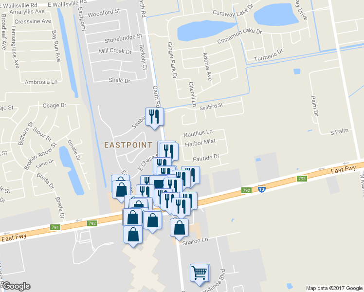 map of restaurants, bars, coffee shops, grocery stores, and more near 7503 Roseshire Ln in Baytown