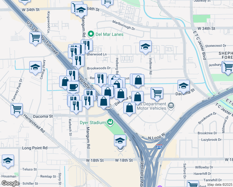 map of restaurants, bars, coffee shops, grocery stores, and more near 4400 Dacoma Street in Houston