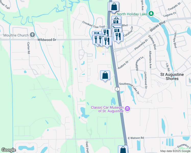 map of restaurants, bars, coffee shops, grocery stores, and more near 200 Mariner Health Way in St. Augustine