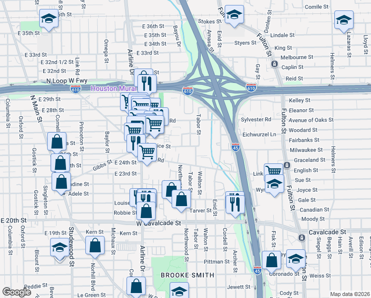map of restaurants, bars, coffee shops, grocery stores, and more near 1725 Tabor Street in Houston