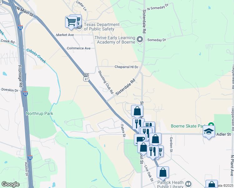 map of restaurants, bars, coffee shops, grocery stores, and more near 7 Farm to Market 1376 in Boerne