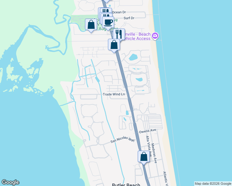 map of restaurants, bars, coffee shops, grocery stores, and more near 232 Trade Wind Lane in St. Augustine