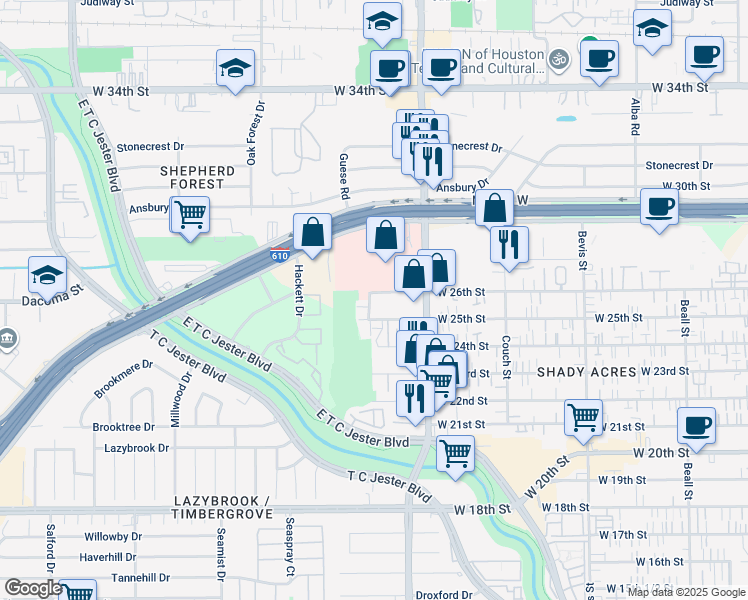 map of restaurants, bars, coffee shops, grocery stores, and more near 1804 West 26th Street in Houston
