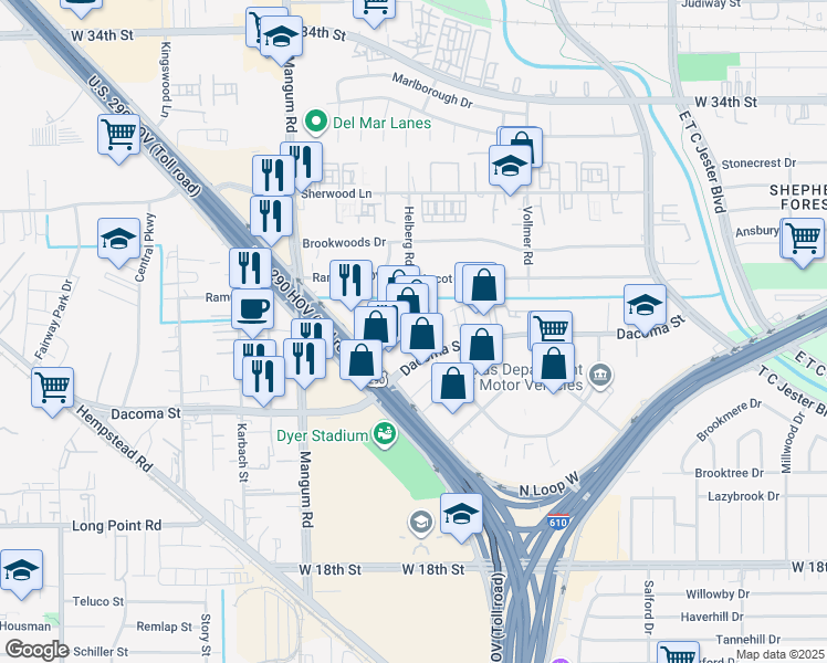 map of restaurants, bars, coffee shops, grocery stores, and more near 4300 Dacoma Street in Houston