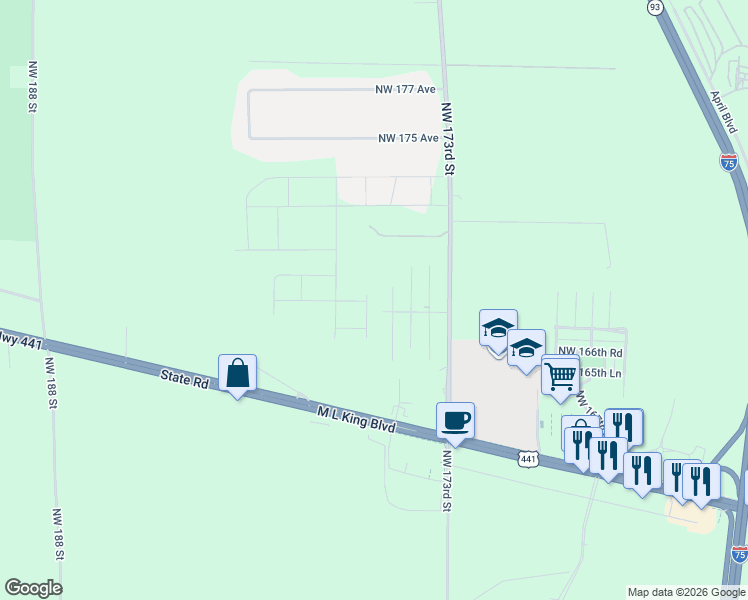 map of restaurants, bars, coffee shops, grocery stores, and more near 16818 Northwest 175th Terrace in Alachua