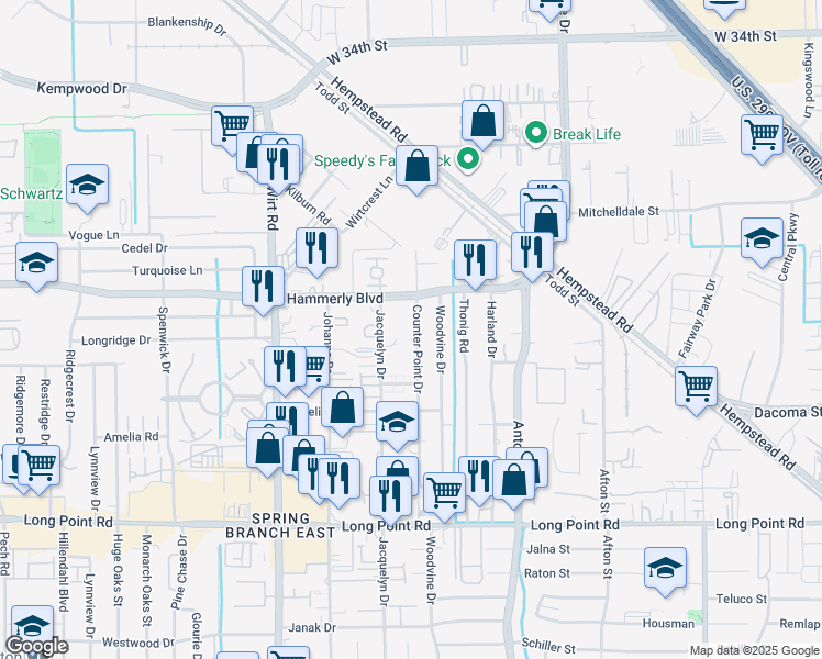 map of restaurants, bars, coffee shops, grocery stores, and more near 2119 Counter Point Drive in Houston