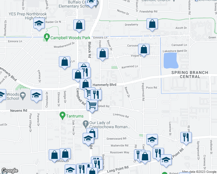 map of restaurants, bars, coffee shops, grocery stores, and more near 9411 Hammerly Boulevard in Houston
