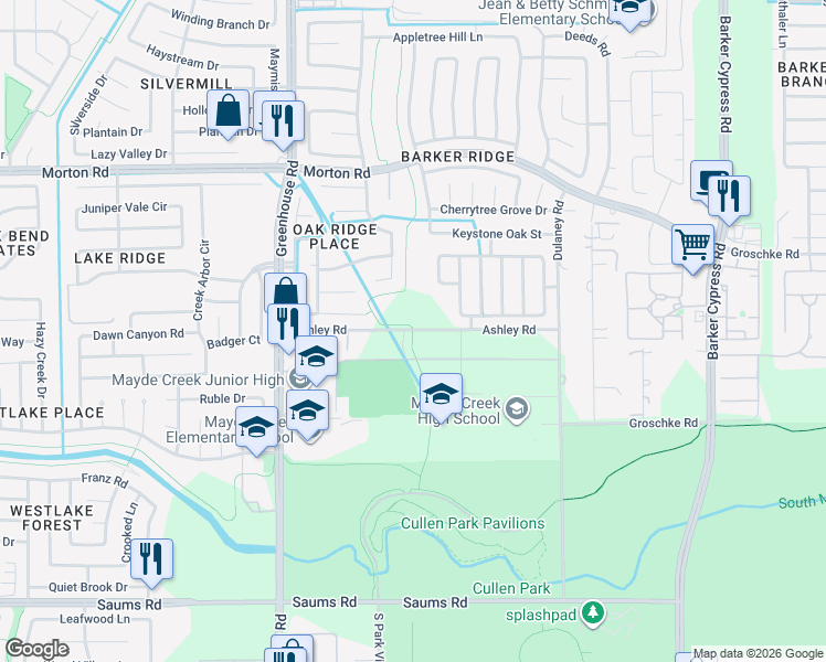 map of restaurants, bars, coffee shops, grocery stores, and more near 18864 Ashley Road in Houston