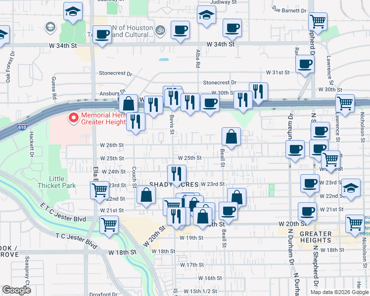map of restaurants, bars, coffee shops, grocery stores, and more near 1228 West 26th Street in Houston