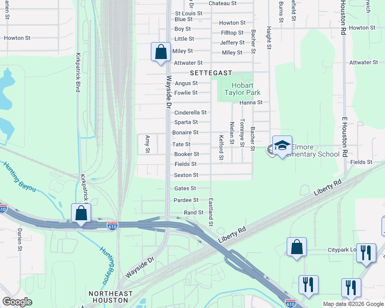 map of restaurants, bars, coffee shops, grocery stores, and more near 7942 Booker Street in Houston
