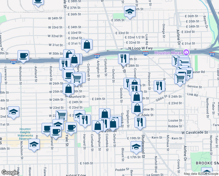 map of restaurants, bars, coffee shops, grocery stores, and more near 2515 Oxford Street in Houston