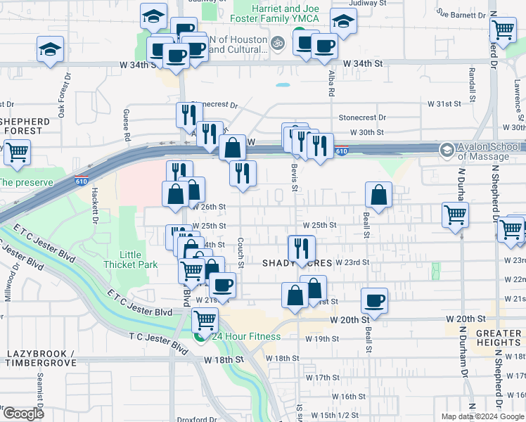 map of restaurants, bars, coffee shops, grocery stores, and more near 1318 West 26th Street in Houston