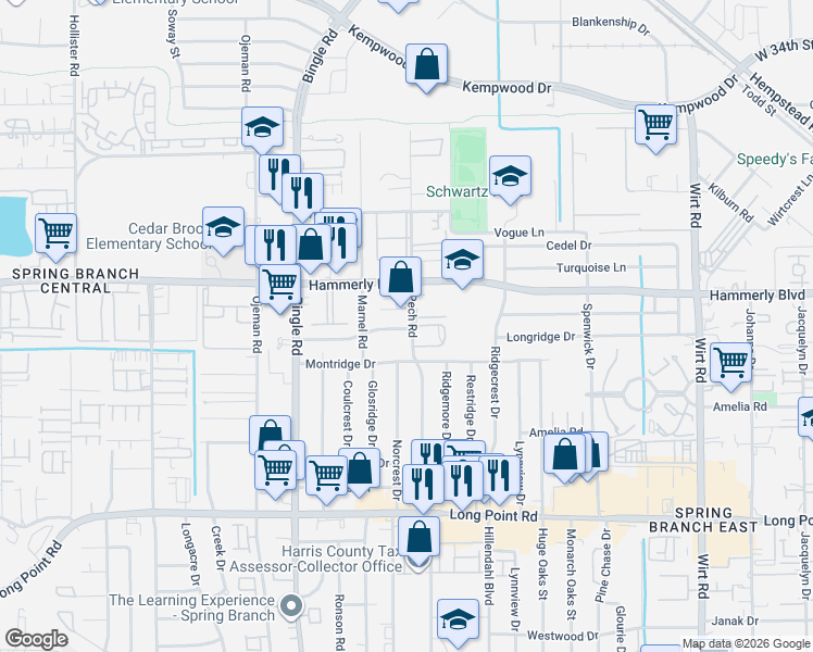 map of restaurants, bars, coffee shops, grocery stores, and more near 2014 Pech Road in Houston
