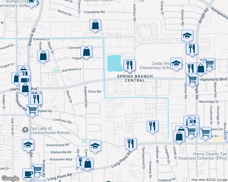 map of restaurants, bars, coffee shops, grocery stores, and more near 2028 Laverne Street in Houston